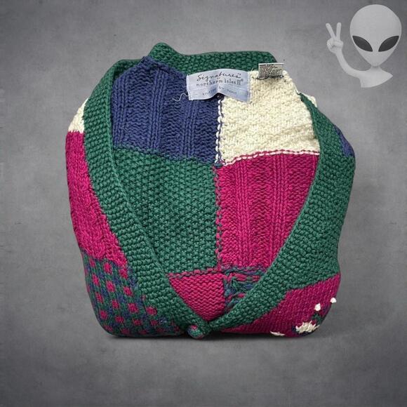 Northern Isles 2 Hand Knit Cardigan 3XL Multi Color Patchwork Vintage 80s - Picture 6 of 6